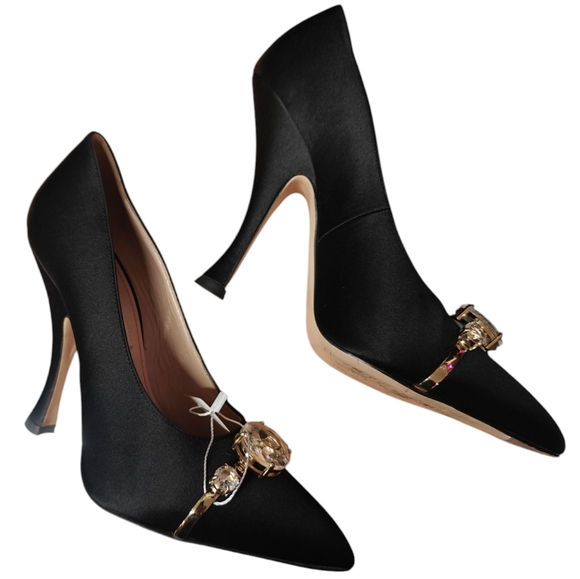 Miu Miu Black Satin Pumps 37.5 Gold and Gem Toe Ornaments EUC - Picture 3 of 11